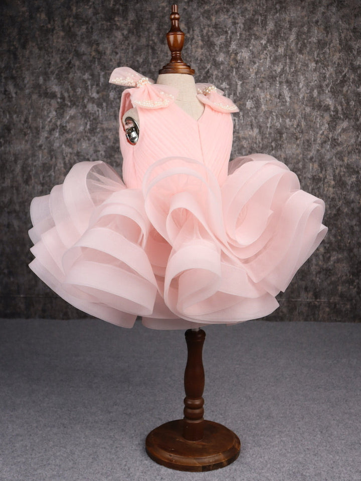 Peach Net Ruffle Pleated Yoke Stylish Dress