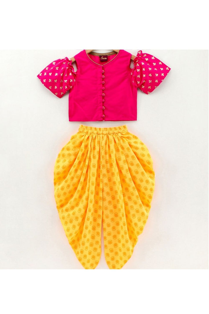 Pink Cold Shoulder Top & Yellow Printed Dhoti Pant Set