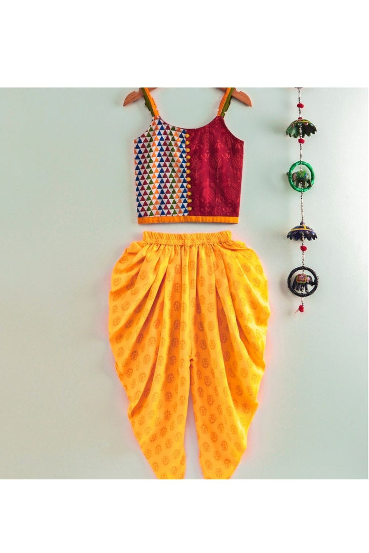 Maroon Printed Top & Yellow Dhoti Pant Set