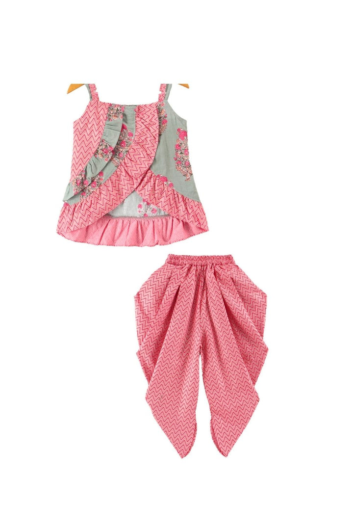 Peach Cotton Printed Ruffle Details Top & Dhoti Pants Set