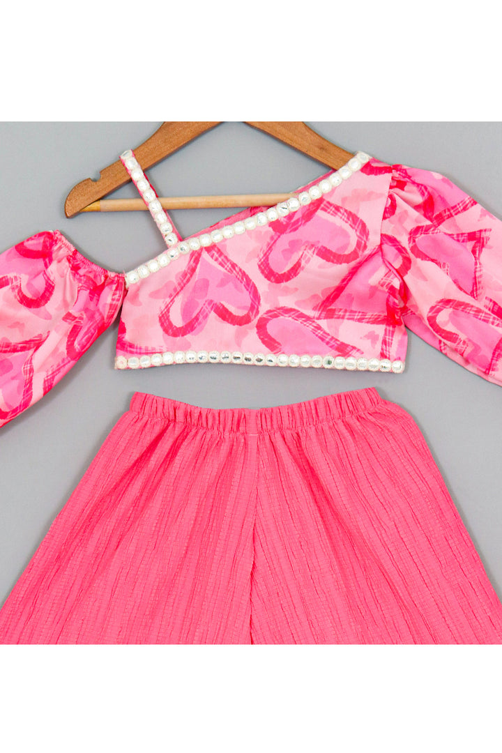 Pink Heart printed One Shoulder Top With Palazzo Set