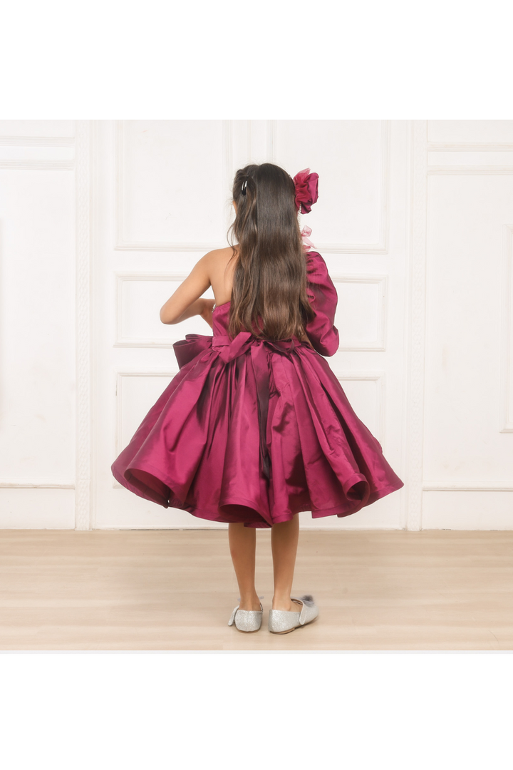 Wine Big Bow Embroidered One Shoulder Dress