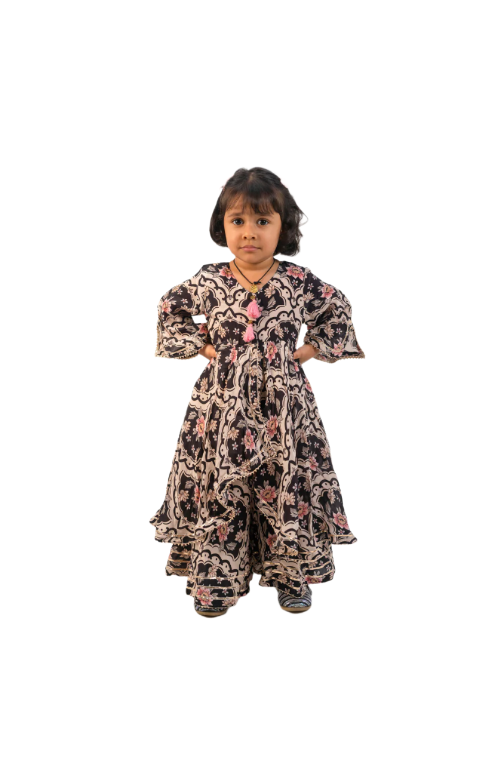 Black Floral Printed Flared Kurti With Front Open With Palazzo Set