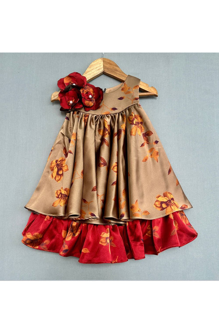 Brown Double Layered Cotton Floral Dress with Handmade flowers