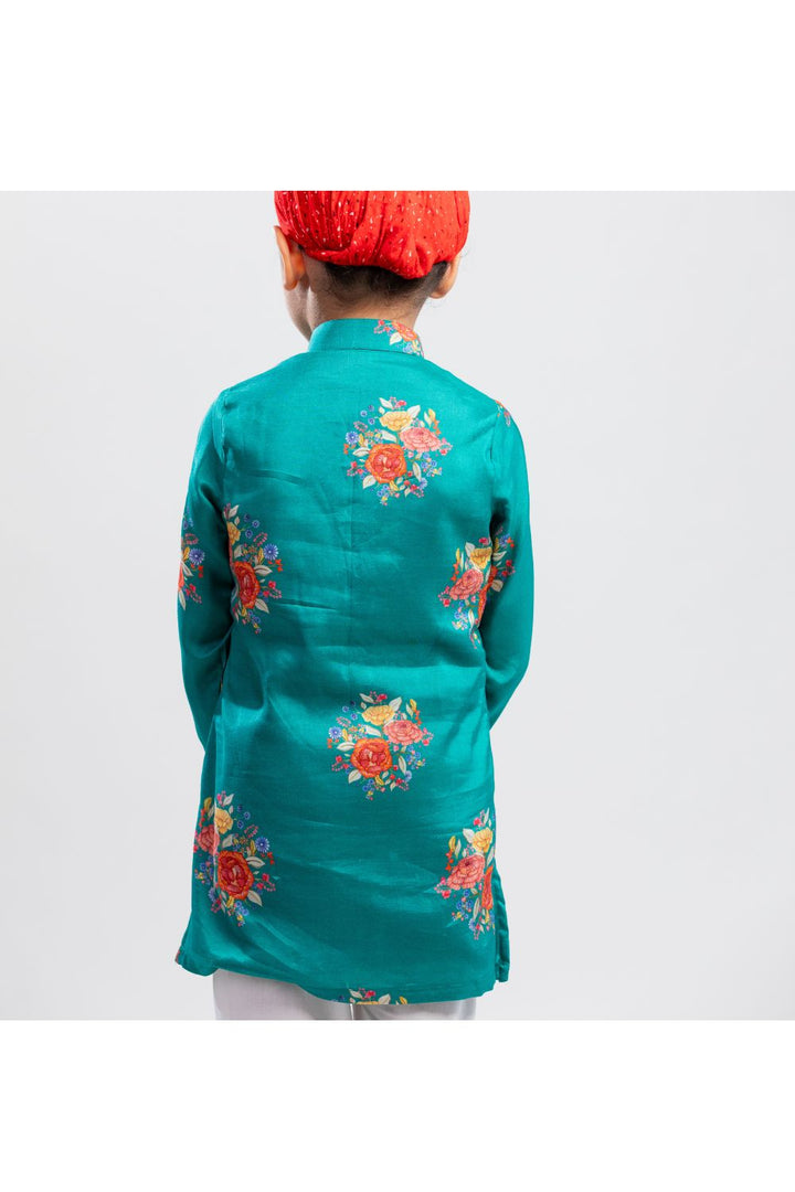 Green Big Floral Printed Kurta With White Pyjama Set