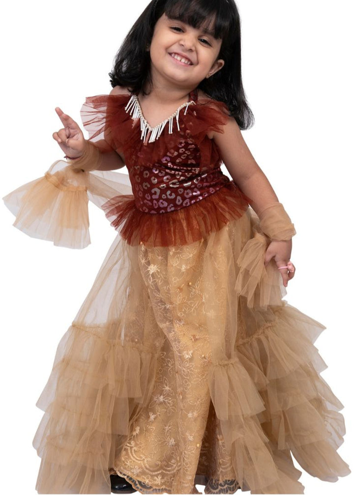 Maroon and Beige Halter Frilled Top With Layered Ghaghra Set
