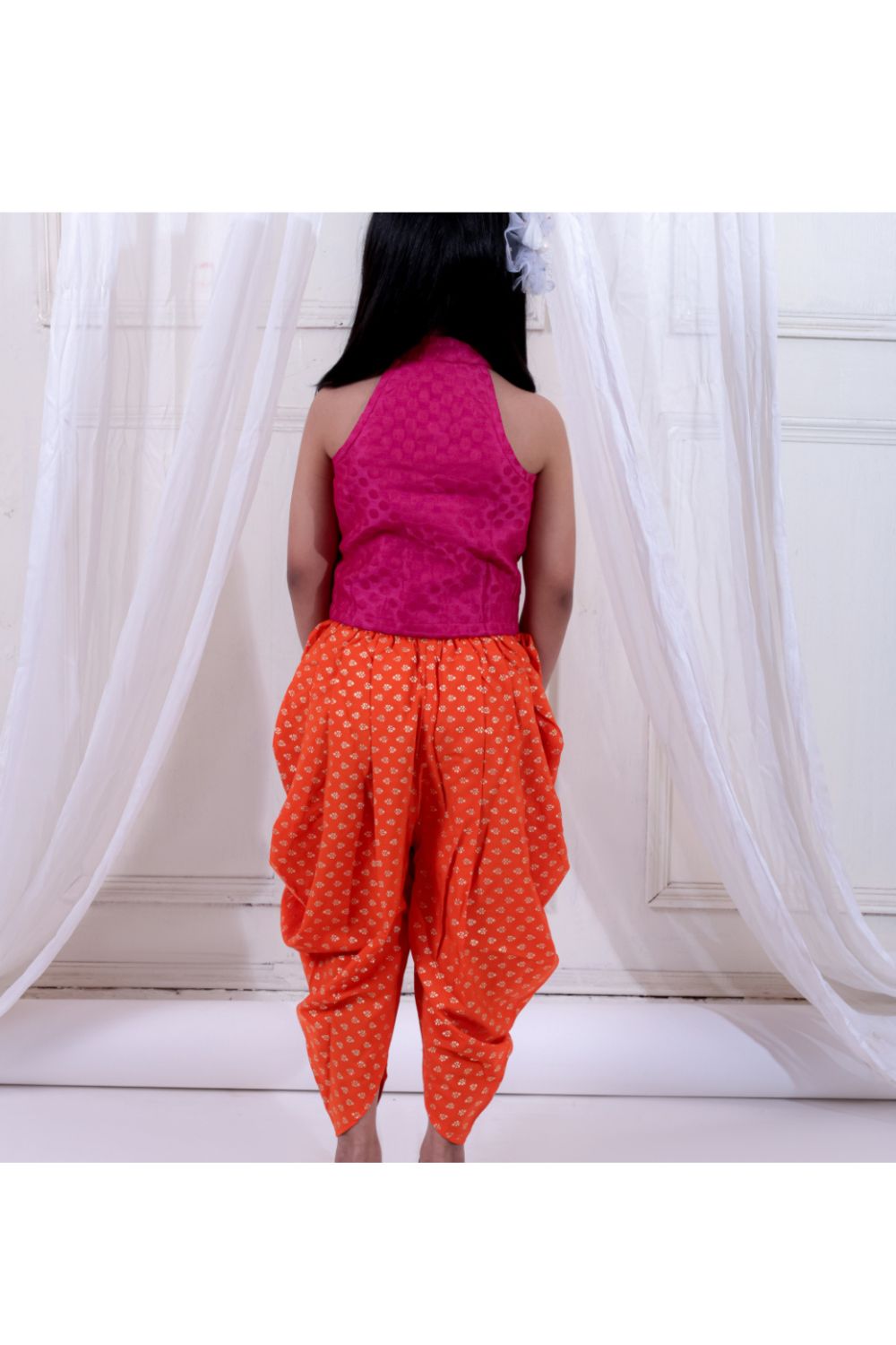 Pink Incut Style Jacquard Top Embellished & Orange Foil Printed Dhoti Pant Set