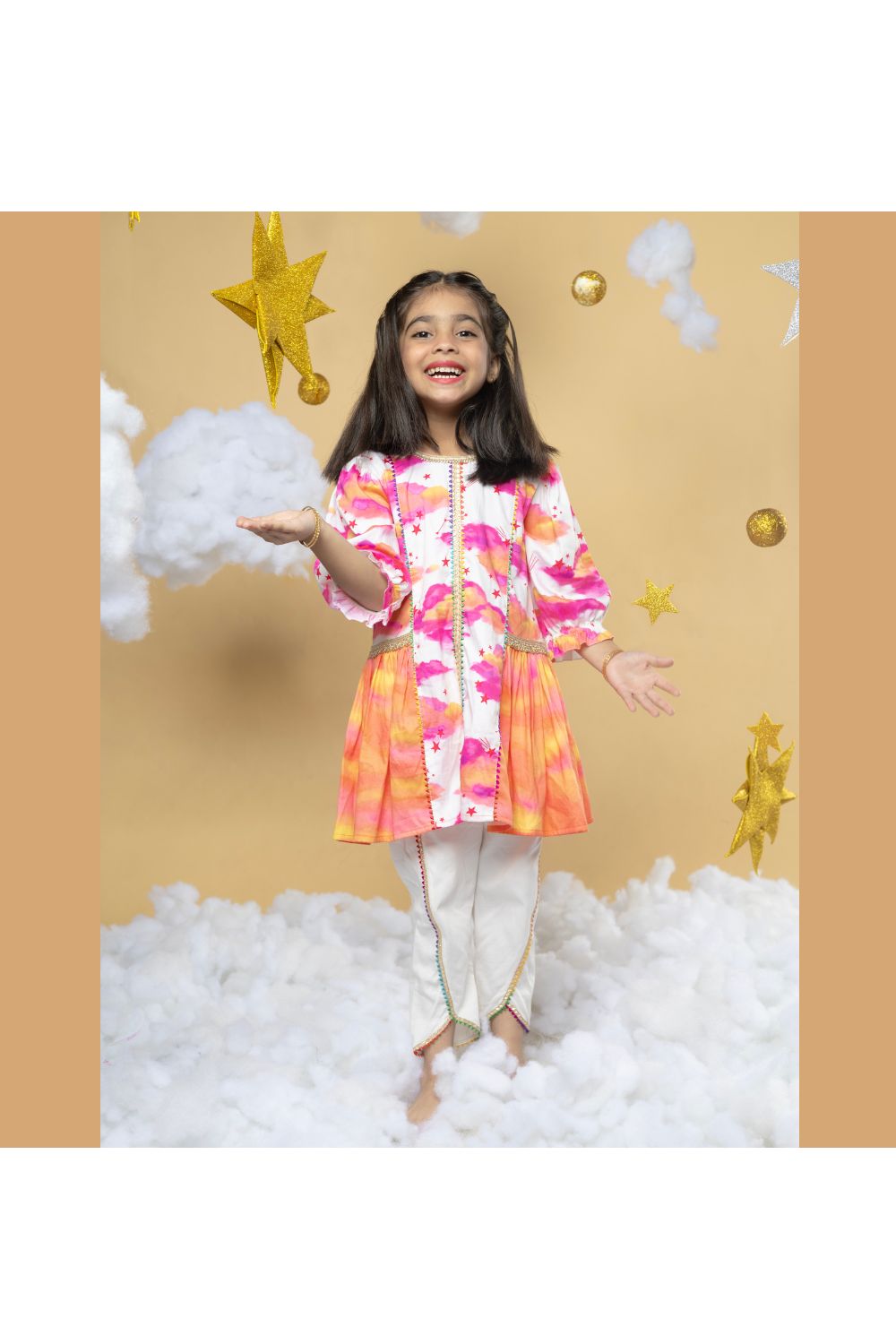 Cloud And Star Printed Peplum Style Top With Dhoti Set