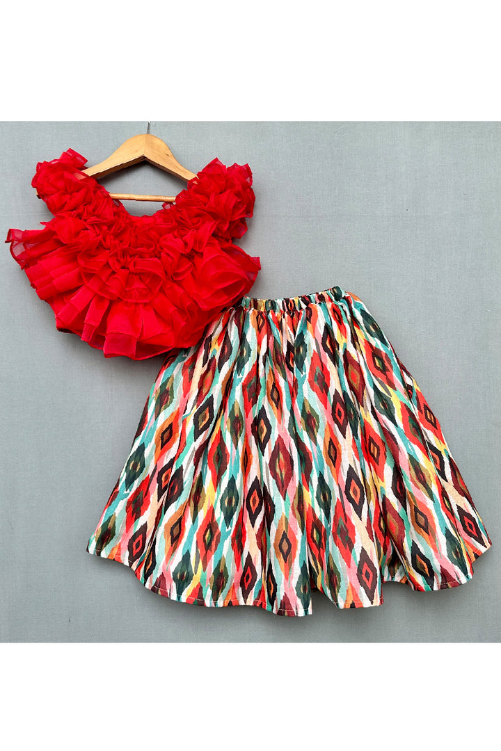 Ruffle Layered Sleeveless Top With Floral Printed Lehenga Set