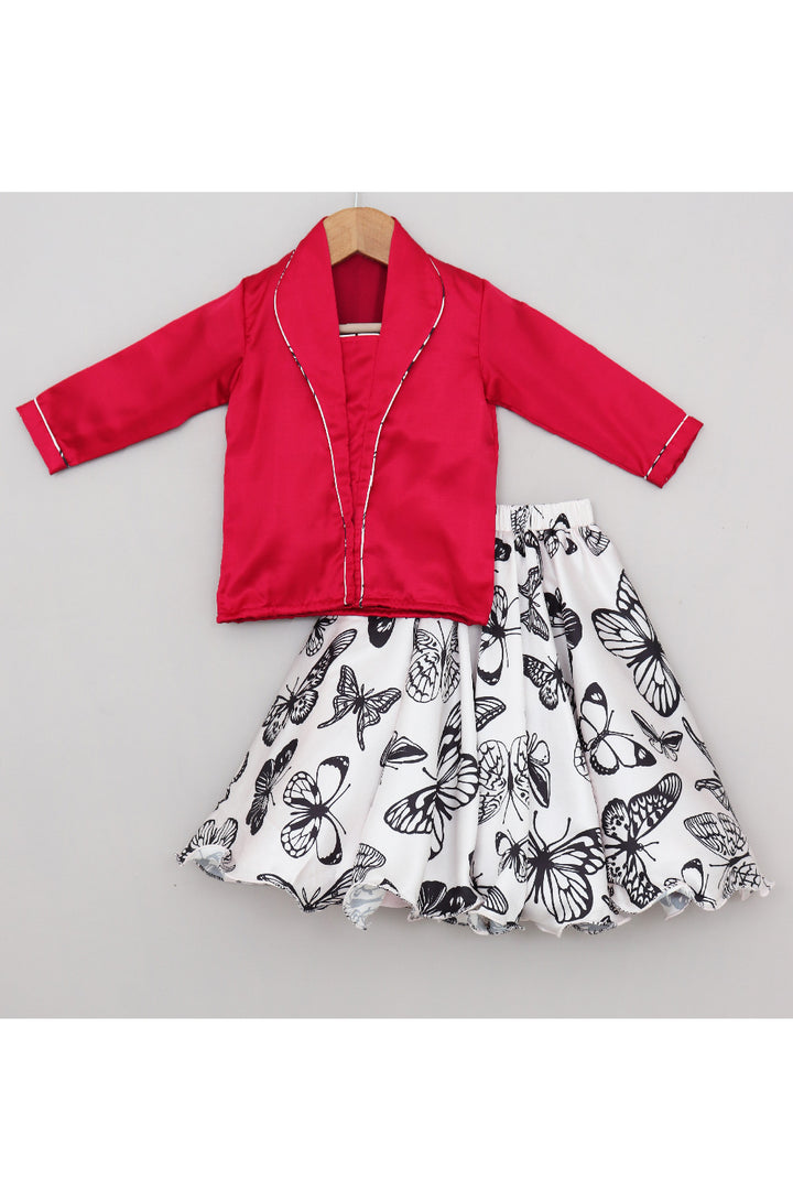 Hot Pink Shirt Style Top With Butterfly Printed Satin Skirt