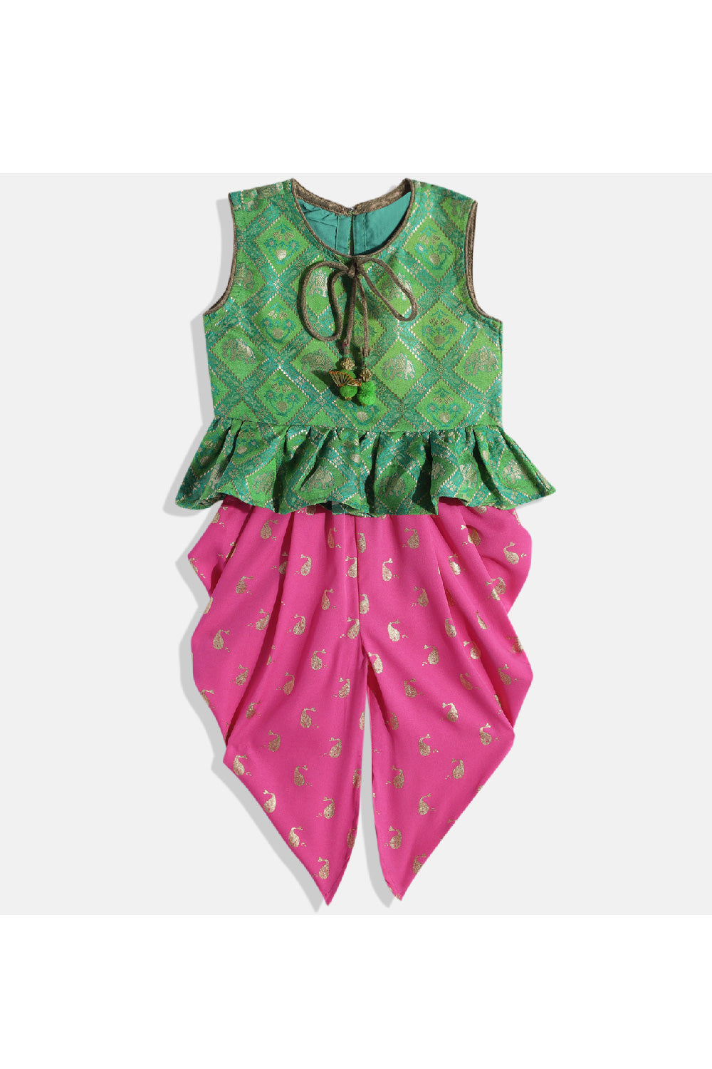 Green Peplum Top With Pink Printed Dhoti Set