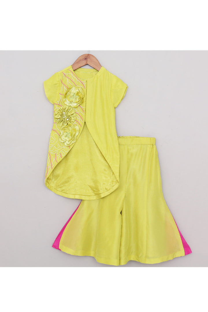 Mint Green Hand Embroidered Silk High Low Kurta With Sharara Set