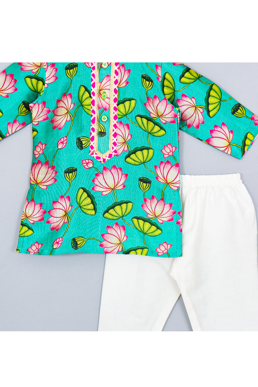 Aqua Lotus Printed Silk Kurta With Pyjama Set