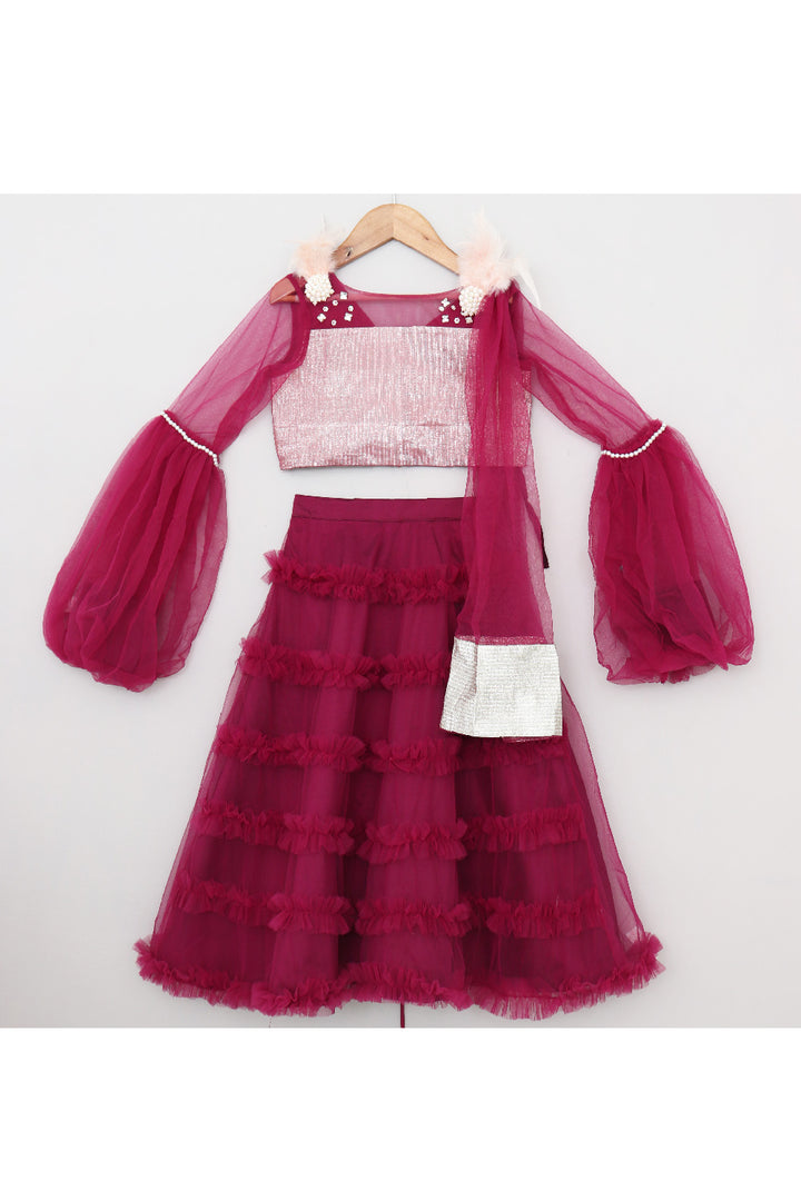 Pearl And Feather Embellished Top With Frill Lehenga Set