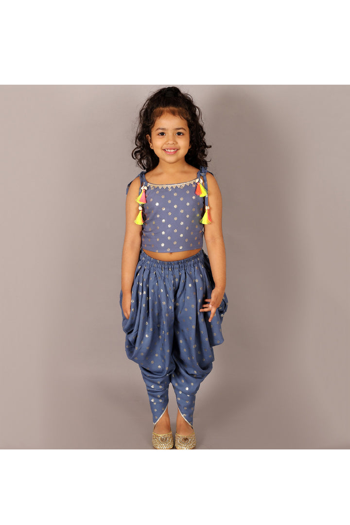 Navy Foil Printed Top With Spaghetti Sleeves And Dhoti Set