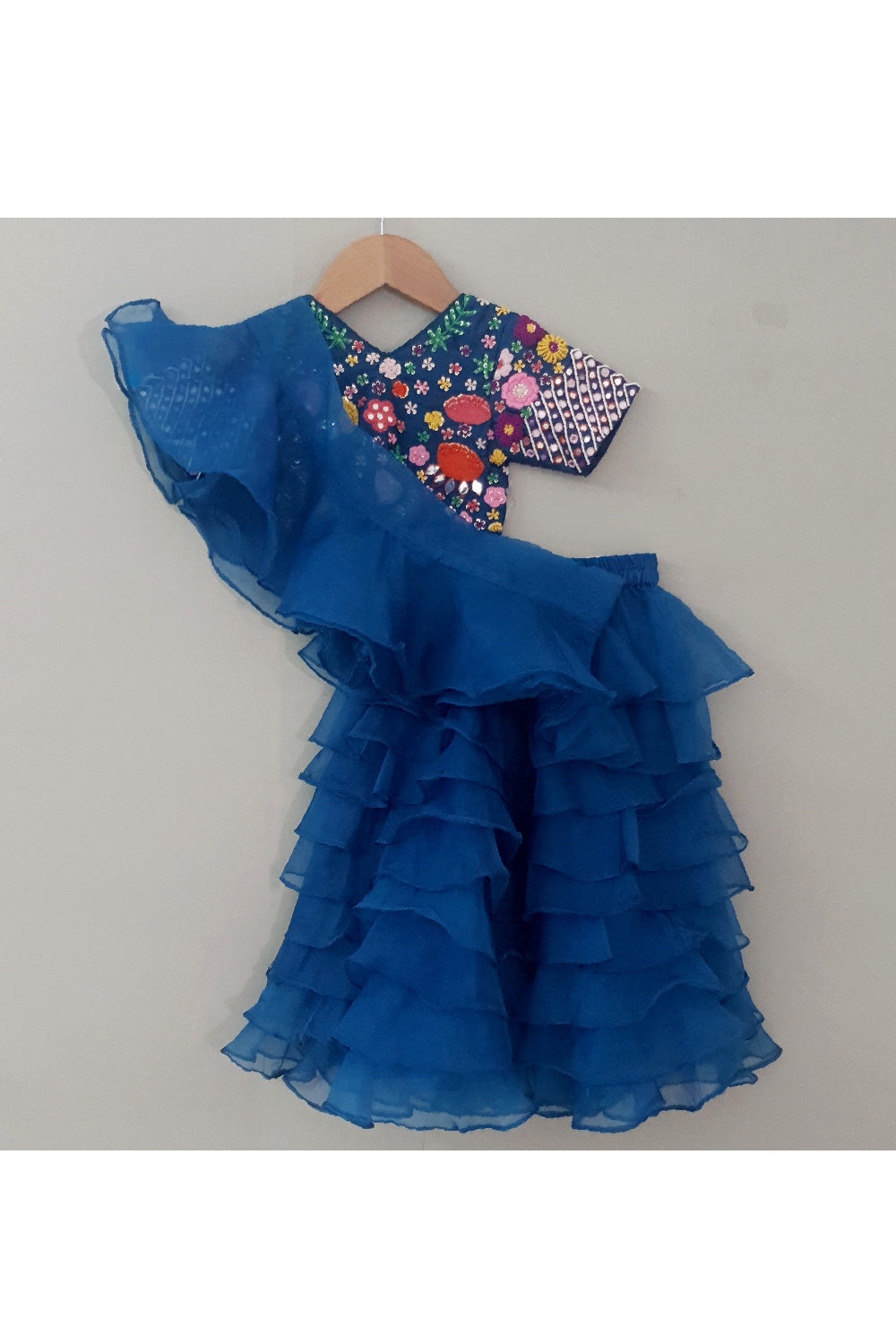 Blue Floral Embroidered Top With Organza Frill Lehenga Set