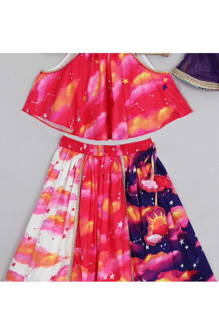 Pink With Purple Star And Cloud Printed Halter Neck Top With Lehenga Set