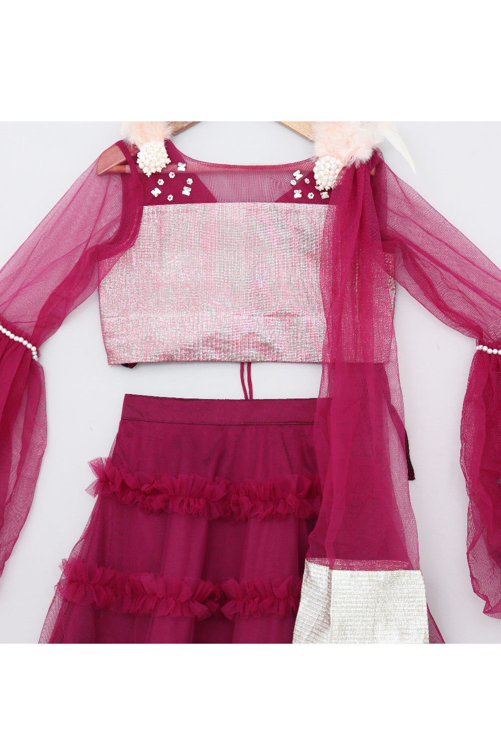 Pearl And Feather Embellished Top With Frill Lehenga Set