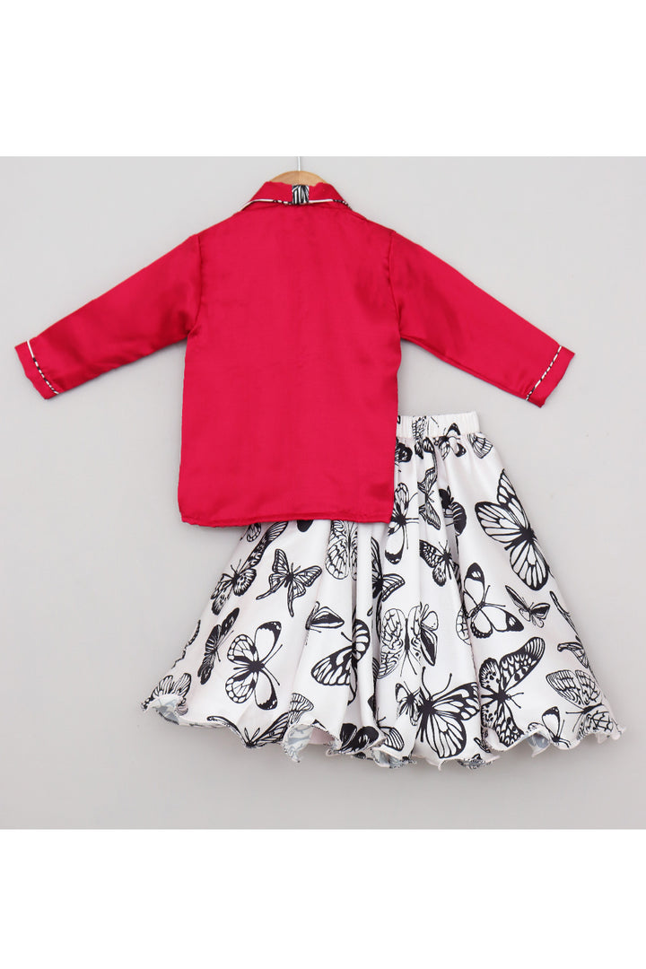 Hot Pink Shirt Style Top With Butterfly Printed Satin Skirt