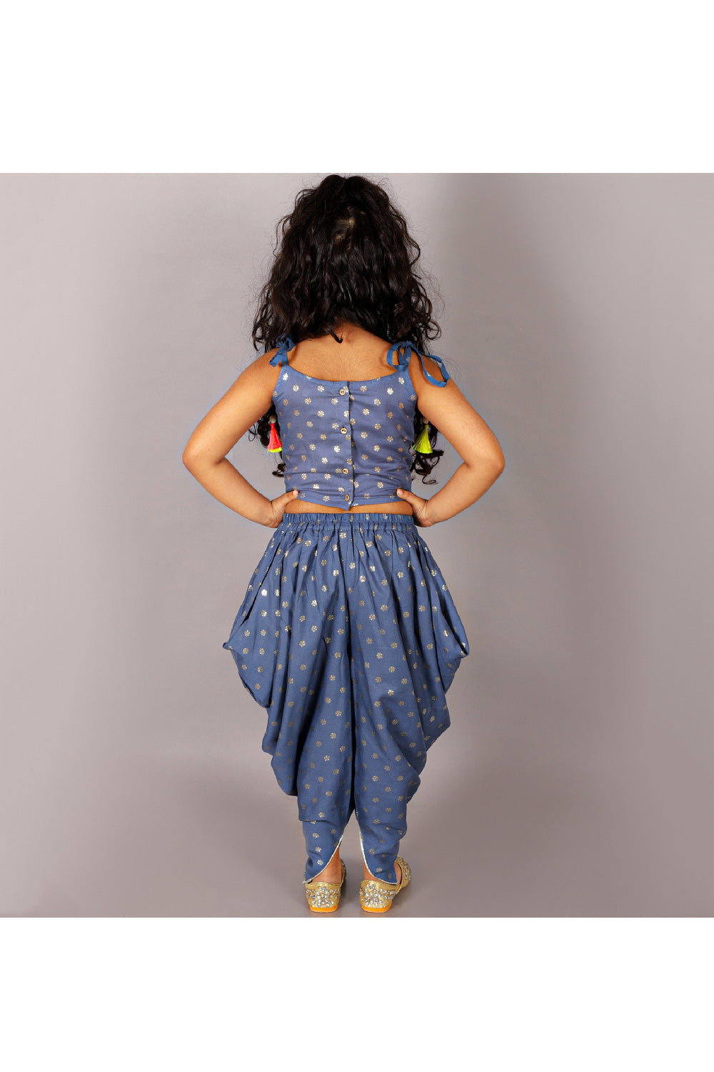 Navy Foil Printed Top With Spaghetti Sleeves And Dhoti Set
