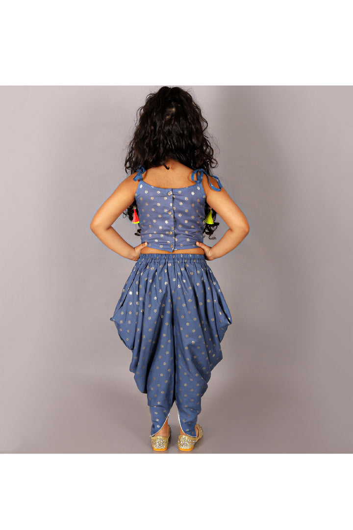 Navy Foil Printed Top With Spaghetti Sleeves And Dhoti Set