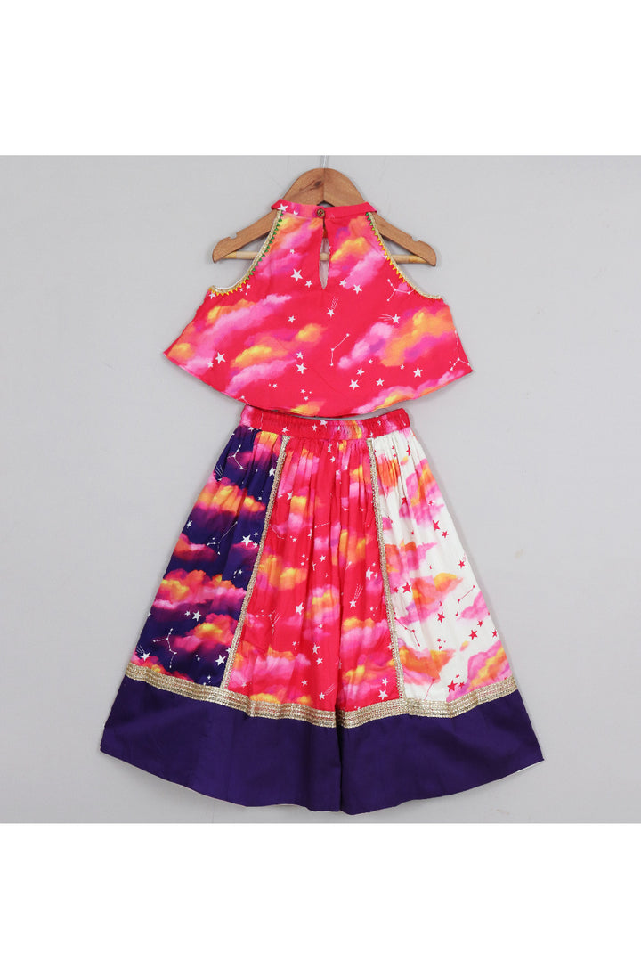Pink With Purple Star And Cloud Printed Halter Neck Top With Lehenga Set