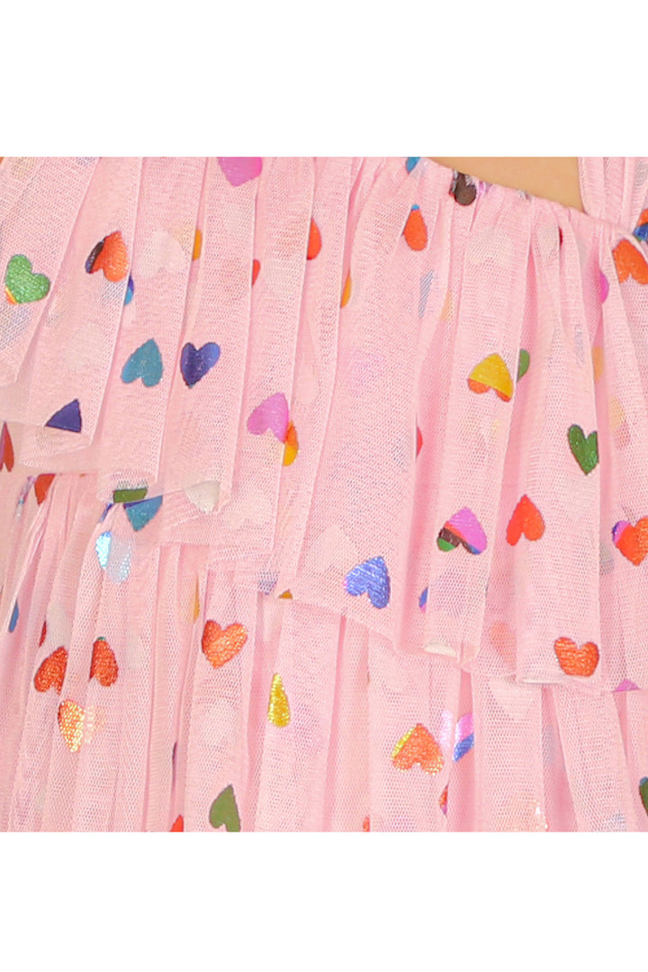 Pink Hearts Embellished One Shoulder Tiered Dress