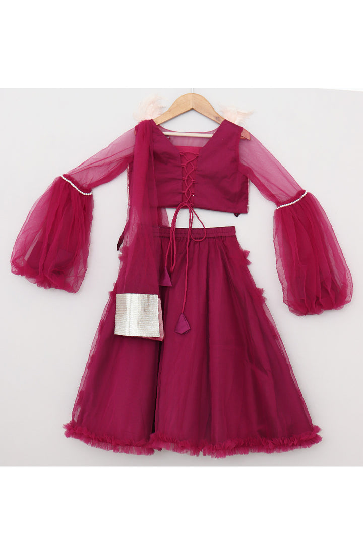 Pearl And Feather Embellished Top With Frill Lehenga Set