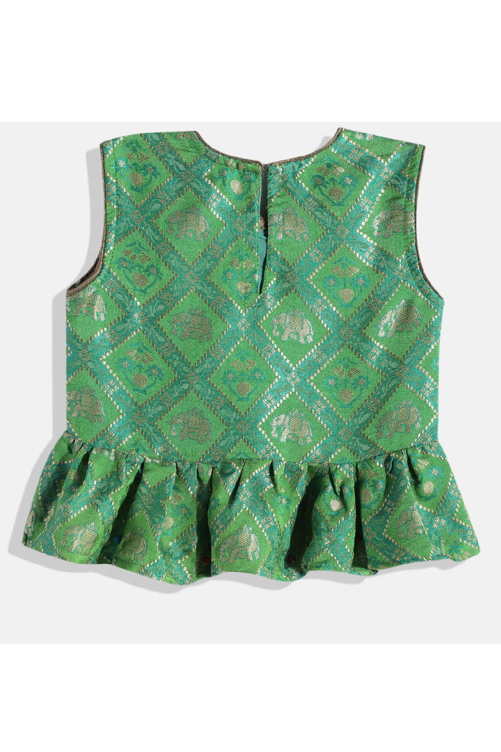 Green Peplum Top With Pink Printed Dhoti Set