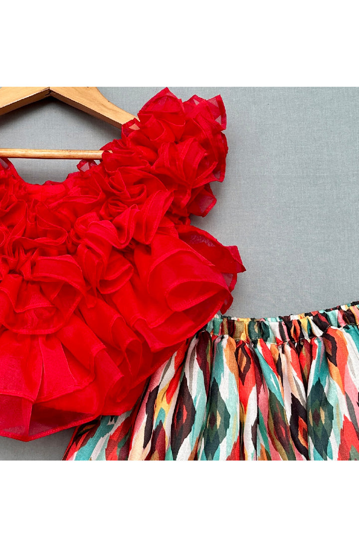 Ruffle Layered Sleeveless Top With Floral Printed Lehenga Set