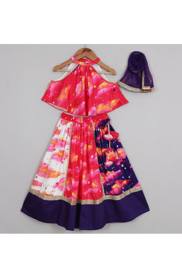 Pink With Purple Star And Cloud Printed Halter Neck Top With Lehenga Set