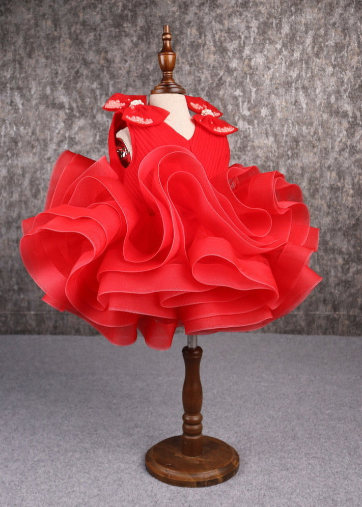 Red Stiff Hem Net Pleated Yoke Ruffle Dress