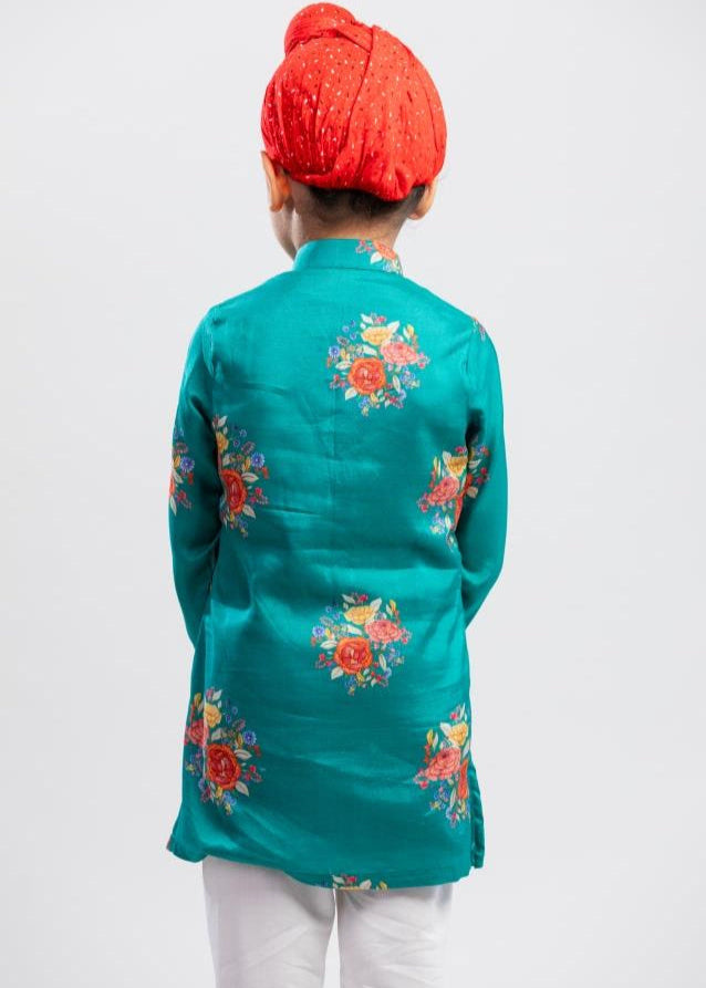 Green Big Floral Printed Kurta With White Pyjama Set