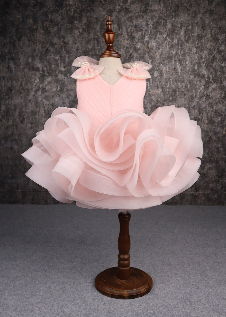 Peach Net Ruffle Pleated Yoke Stylish Dress