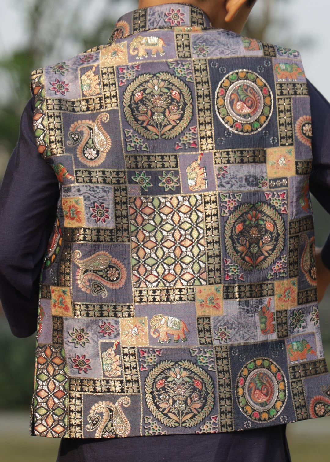 Dark Blue Cotton Silk Mughal Printed Brocade Jacket With Kurta Pyjama Set