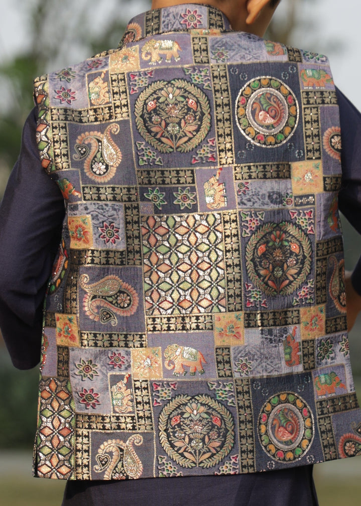 Dark Blue Cotton Silk Mughal Printed Brocade Jacket With Kurta Pyjama Set