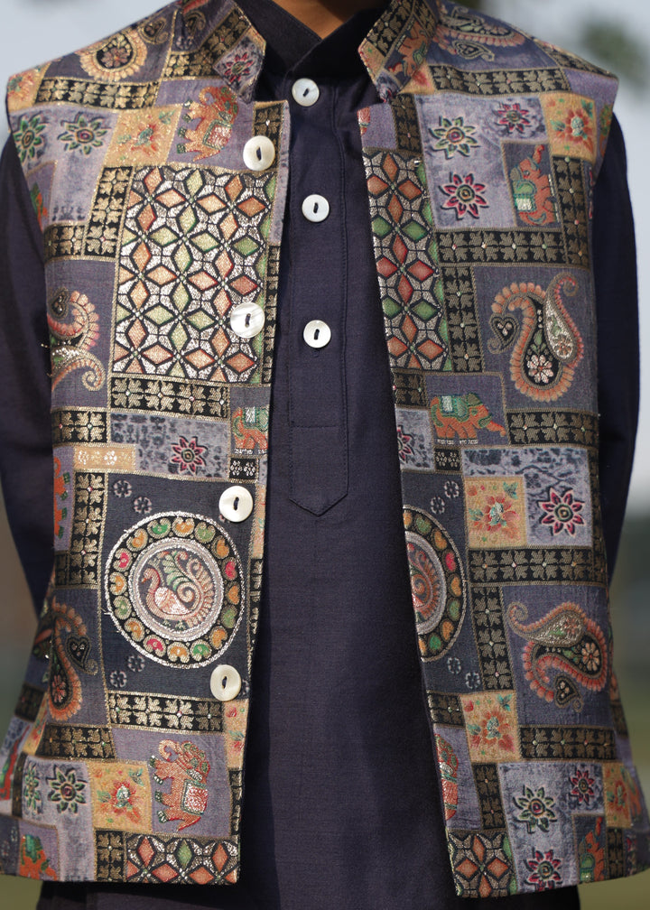 Dark Blue Cotton Silk Mughal Printed Brocade Jacket With Kurta Pyjama Set
