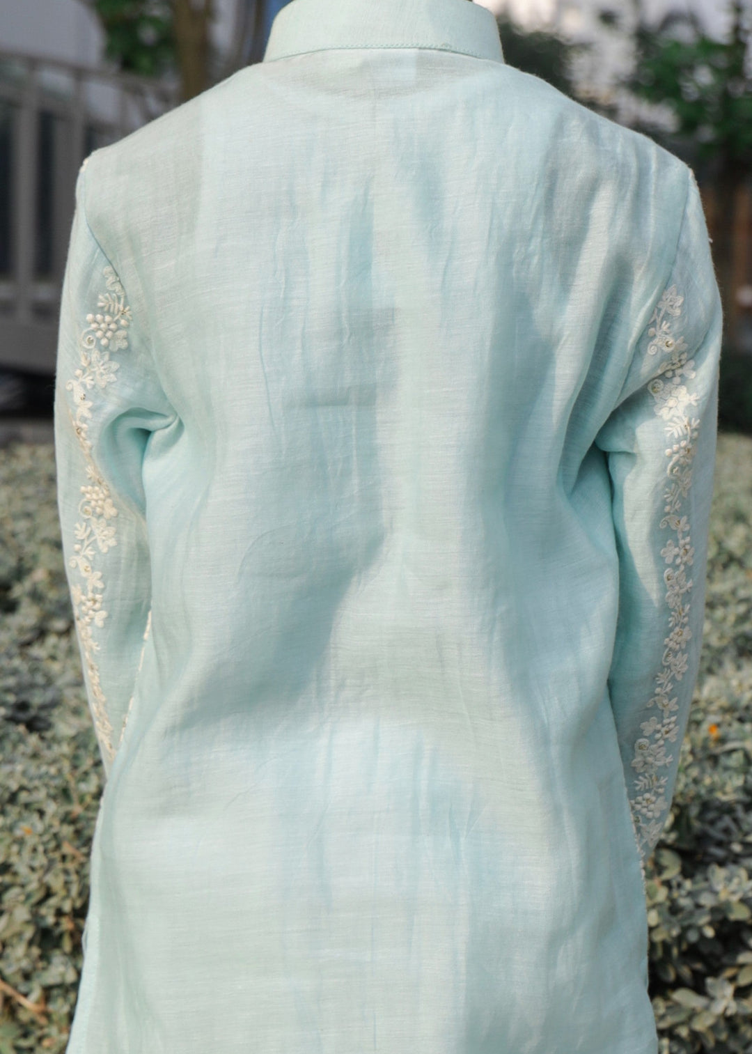 Sky Blue Chanderi Embroidered Kurta With Cotton Silk Off White Pant Set