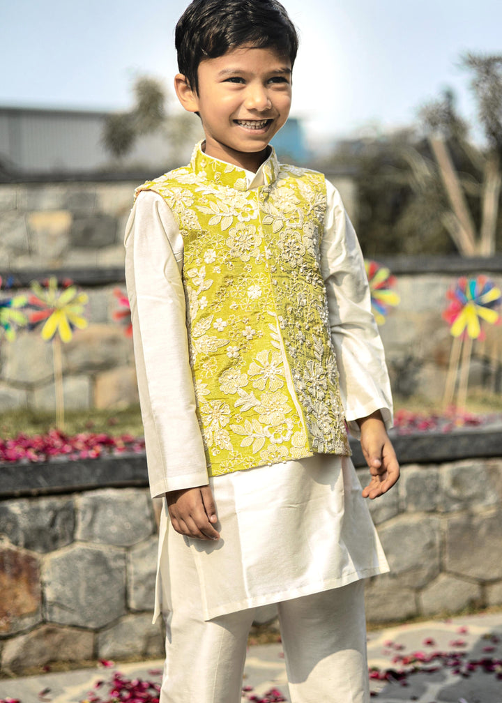 Lemon Yellow Thread And Pearl Embroidered Jacket With Kurta Pyjama Set
