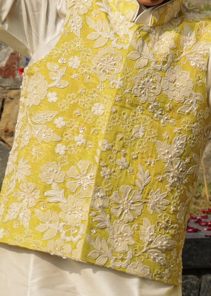 Lemon Yellow Thread And Pearl Embroidered Jacket With Kurta Pyjama Set
