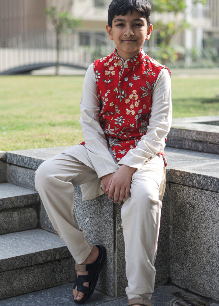 Red Georgette Jacket With Beige Cotton Silk Kurta Pyjama Set