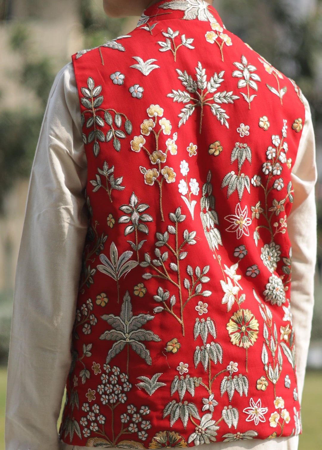 Red Georgette Jacket With Beige Cotton Silk Kurta Pyjama Set