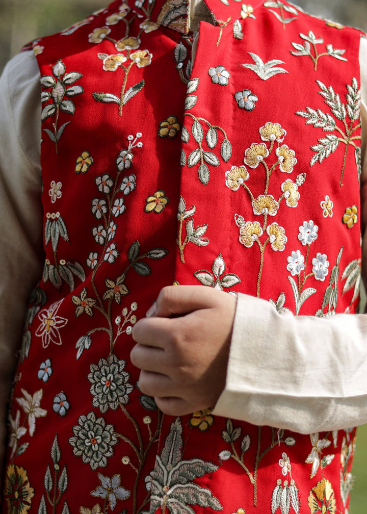Red Georgette Jacket With Beige Cotton Silk Kurta Pyjama Set
