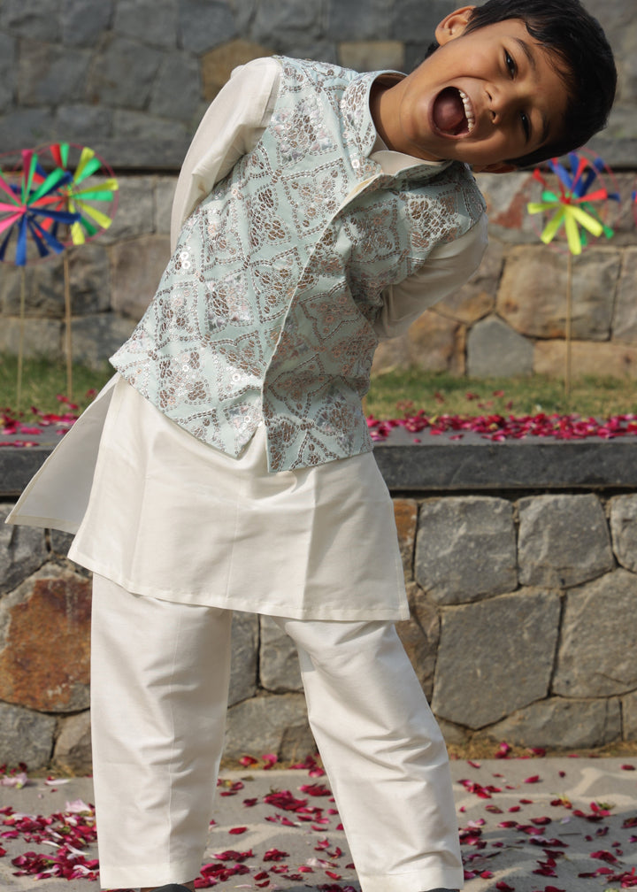Powder Blue Cotton Silk Jacket With Off White Kurta Pyjama Set
