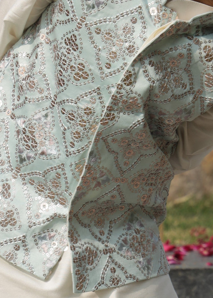 Powder Blue Cotton Silk Jacket With Off White Kurta Pyjama Set