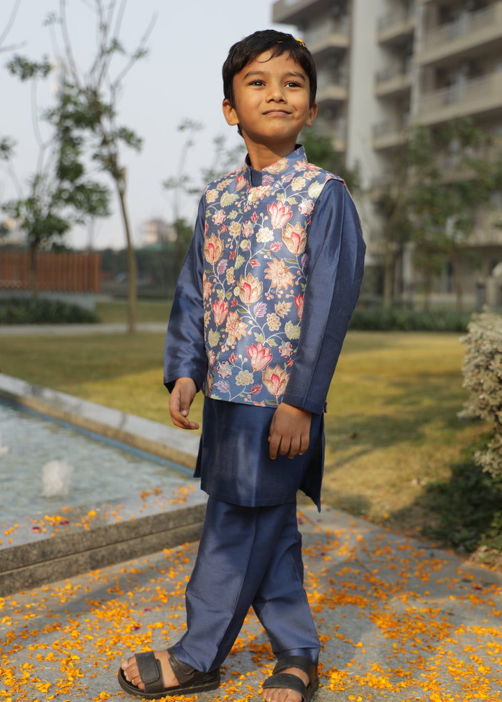 Blue Cotton Silk Floral Printed Jacket With Kurta Pyjama Set