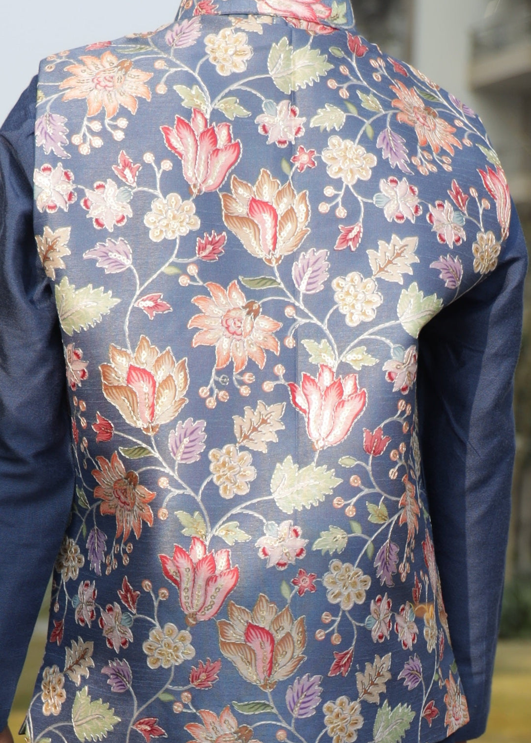 Blue Cotton Silk Floral Printed Jacket With Kurta Pyjama Set