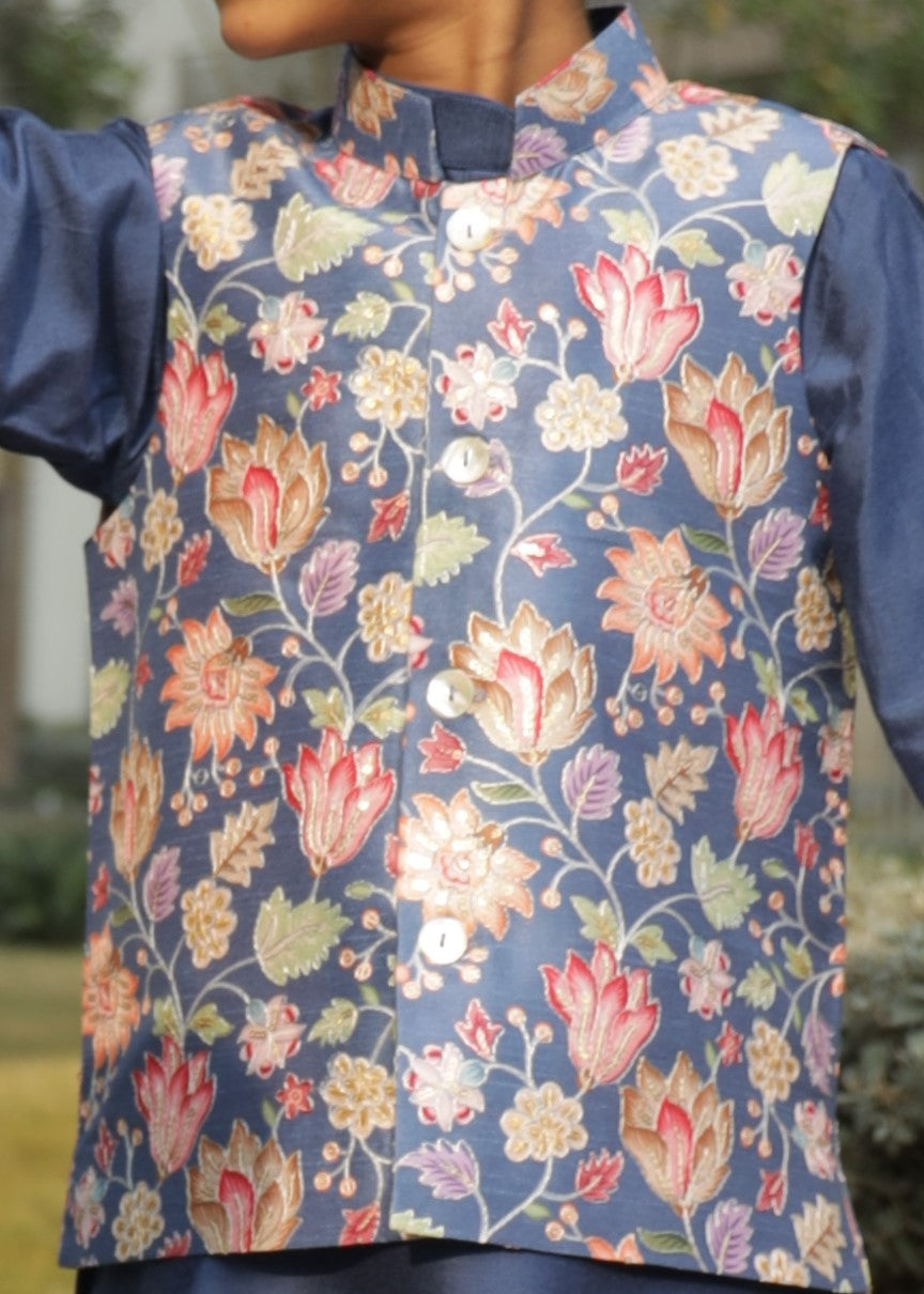 Blue Cotton Silk Floral Printed Jacket With Kurta Pyjama Set