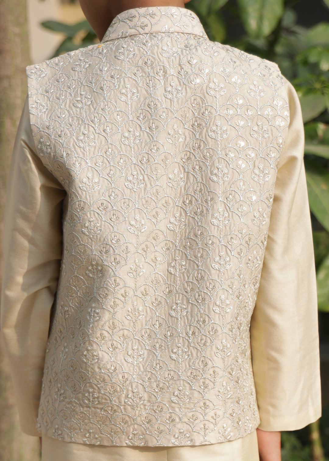 Beige Cotton Silk Flower Zari Embroidery Jacket With Kurta Pyjama Set