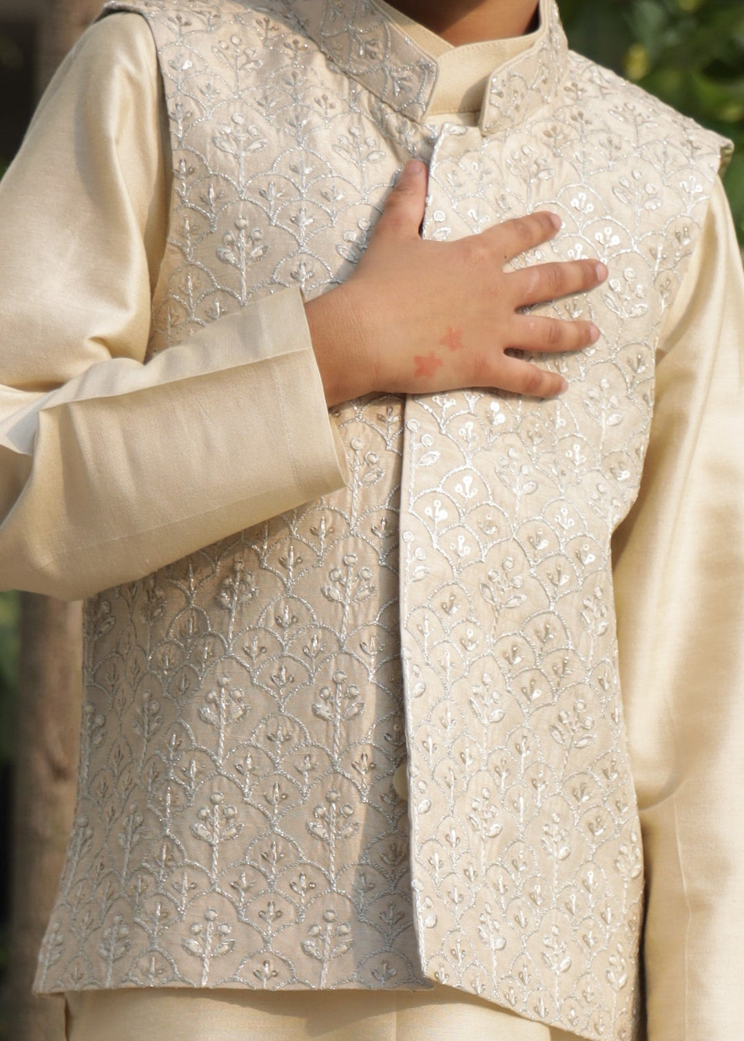 Beige Cotton Silk Flower Zari Embroidery Jacket With Kurta Pyjama Set